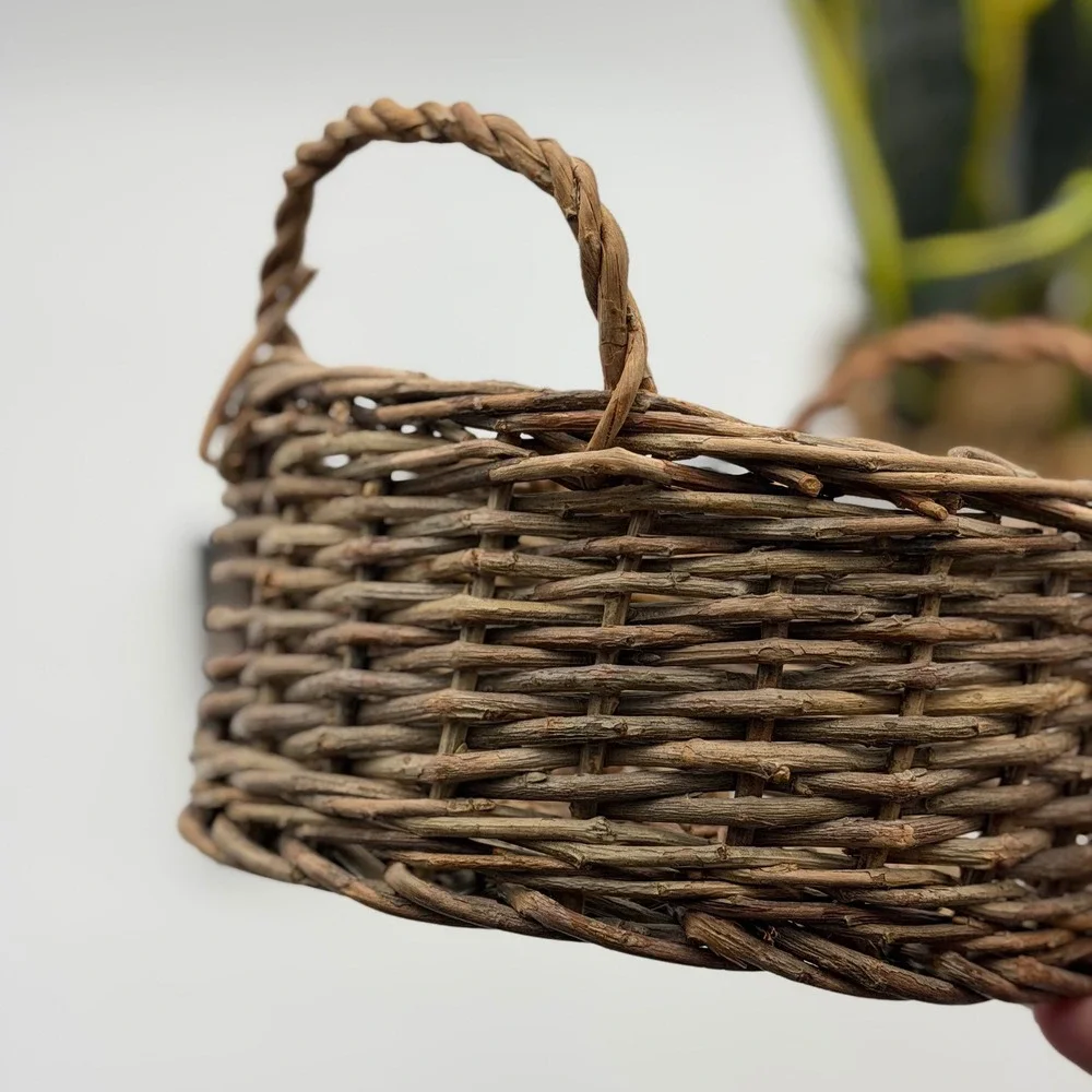 Vintage Hand Woven Twig Basket w Handles Round Decorative Rustic Farmhouse 7.5